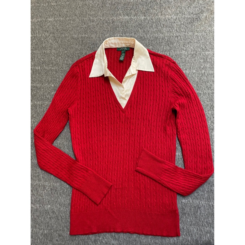 Lauren Ralph Lauren Red Silk Cashmere Cable Knit Sweater Silk Collar Size Large